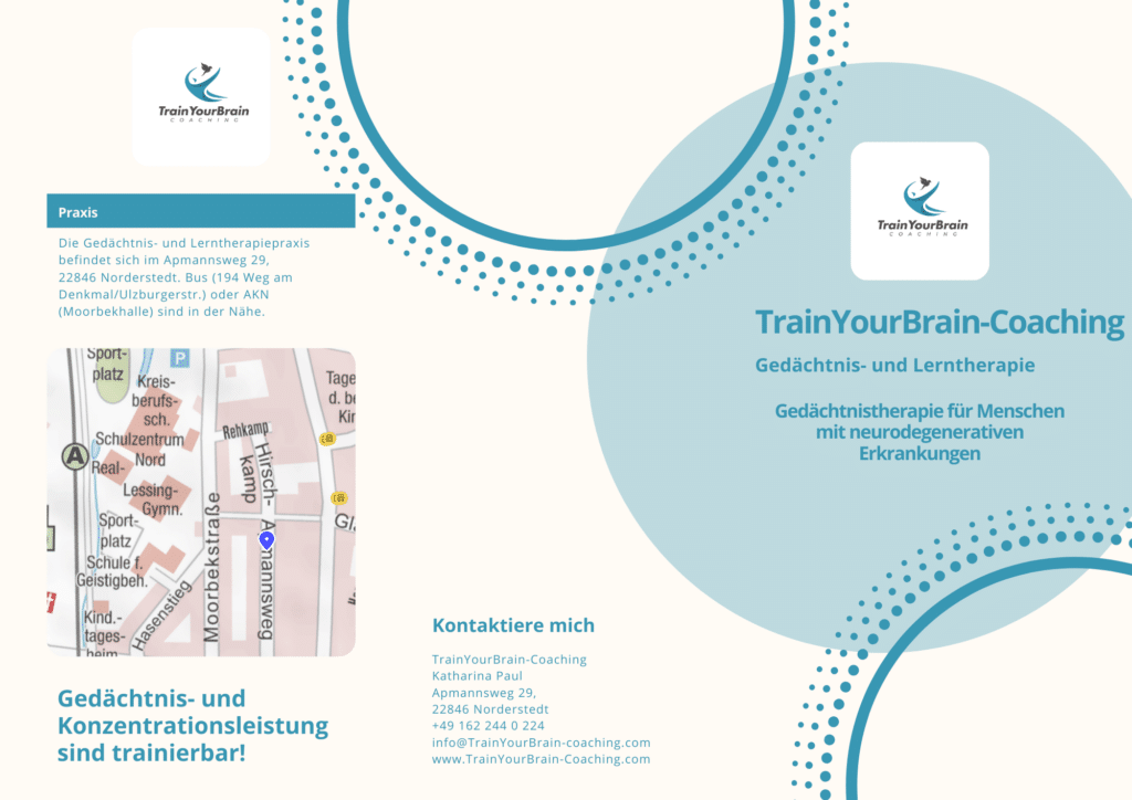 TrainYourBrain-Coaching bietet Gedächtnistherapie für Menschen mit Neurodegenerativen Erkrankungen an.
Praxisadresse, Telefonnummer und Anfahrtsbeschreibung sind hier zu sehen.